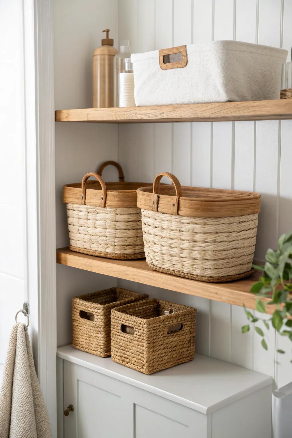 Uniform woven baskets on oak shelves hide clutter and instantly style a bathroom closet.