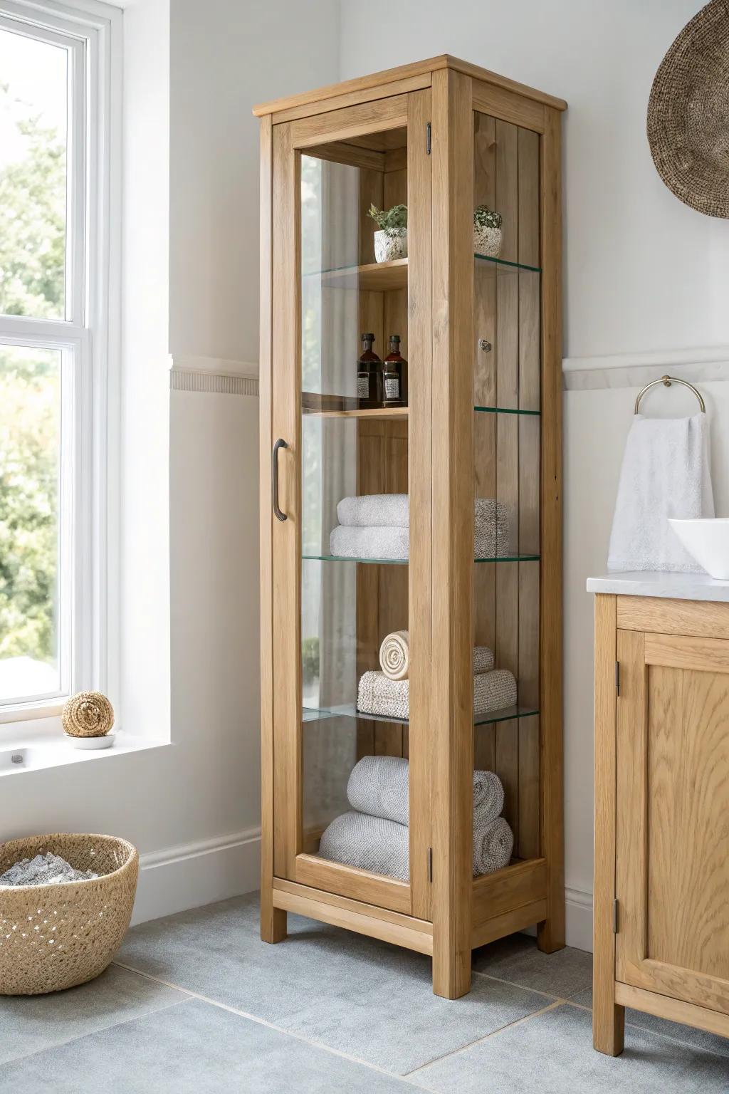 Light oak glass-front corner cabinet—airy storage that shows off jars and crisp folded linens.