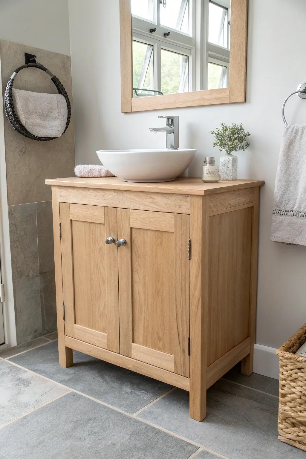 Match stain and sheen for a bathroom island that looks built-in and beautifully cohesive.