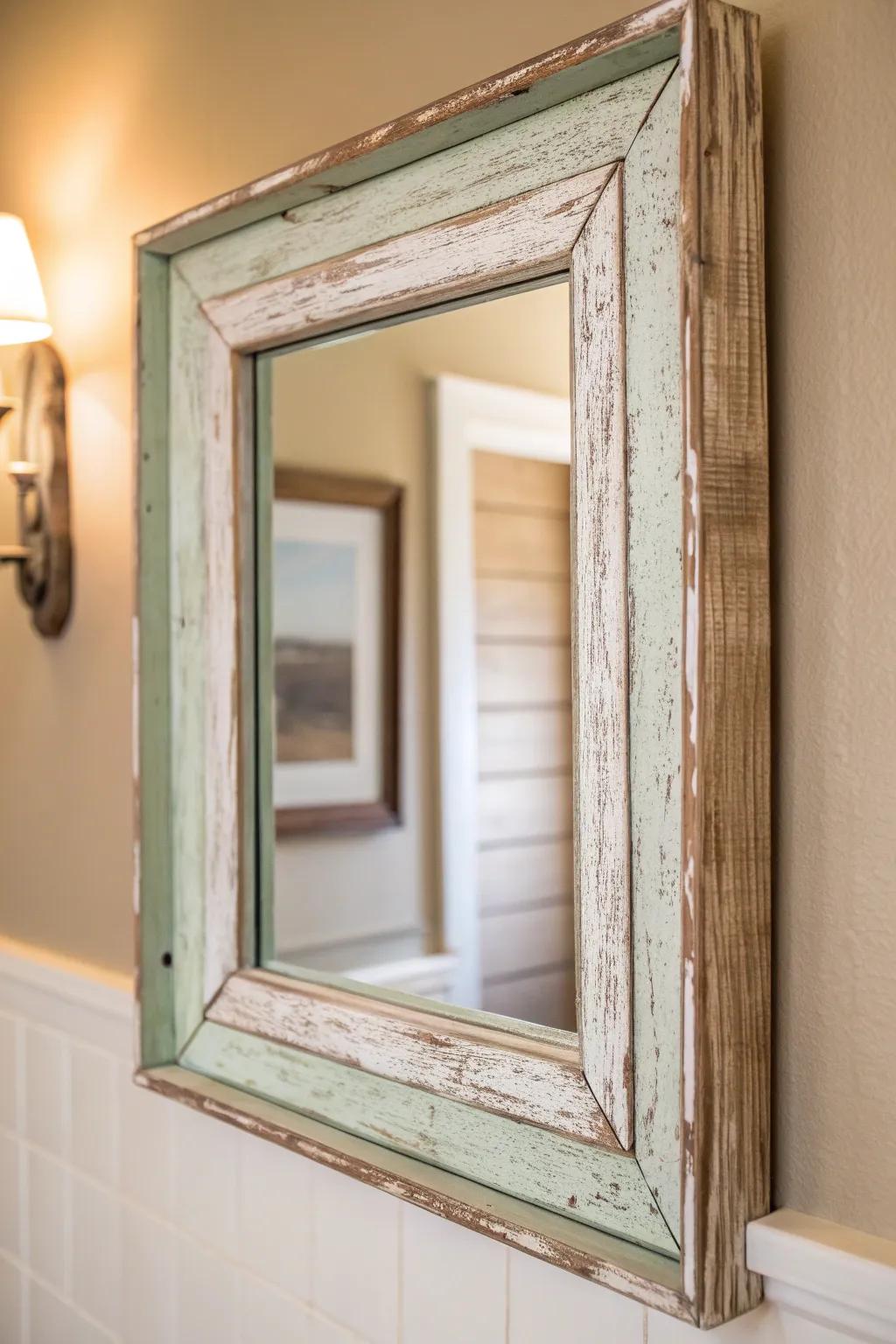 Charming distressed paint and sanded edges give your mirror a relaxed, rustic lift.
