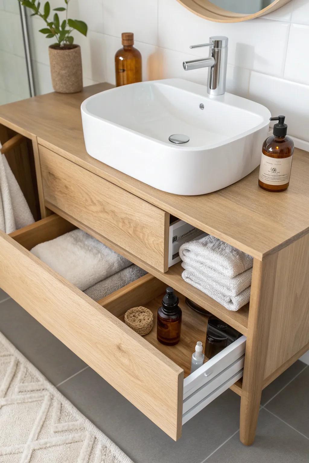 Pull-out shelf with a P-trap cutout—finally see everything under the sink in one smooth slide.