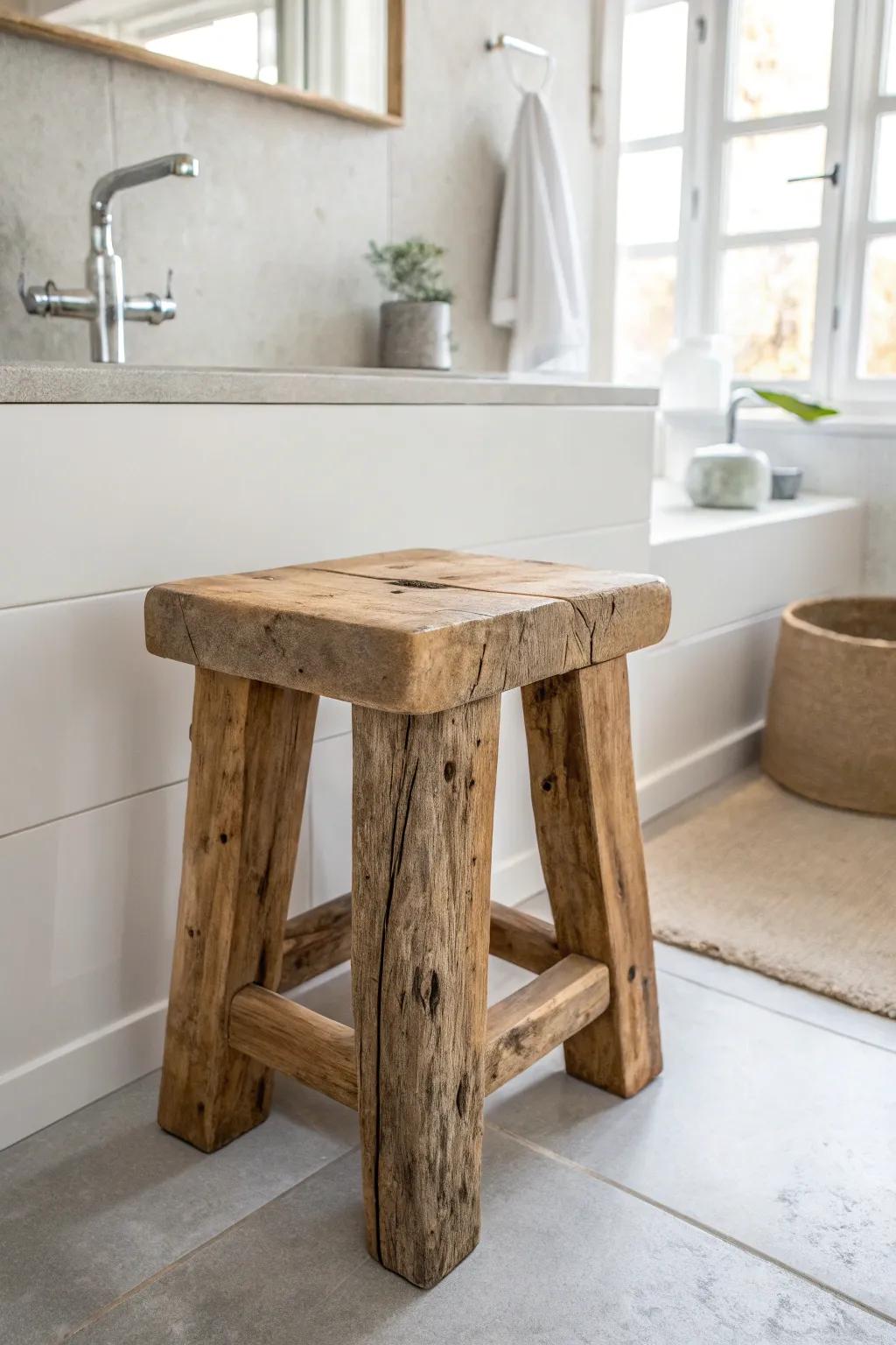 A chunky reclaimed wood stool adds farmhouse soul and warm texture to a bright, clean bath.