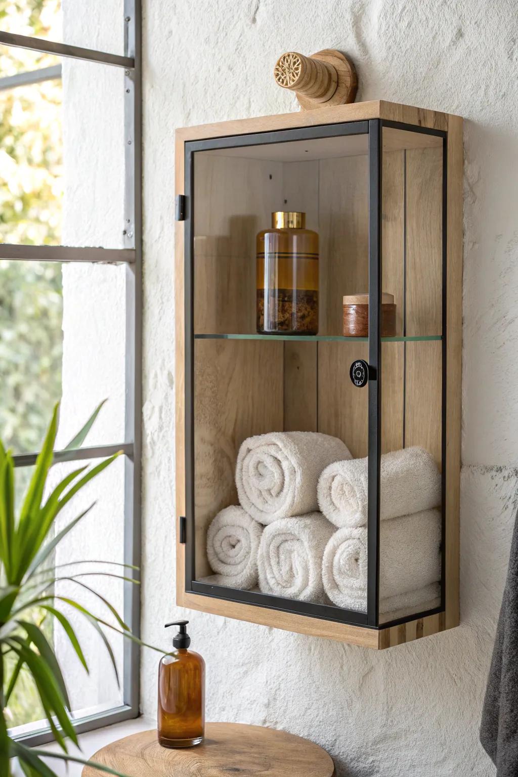 Glass-front uppers keep towels and jars on display—airy, curated storage above the vanity.