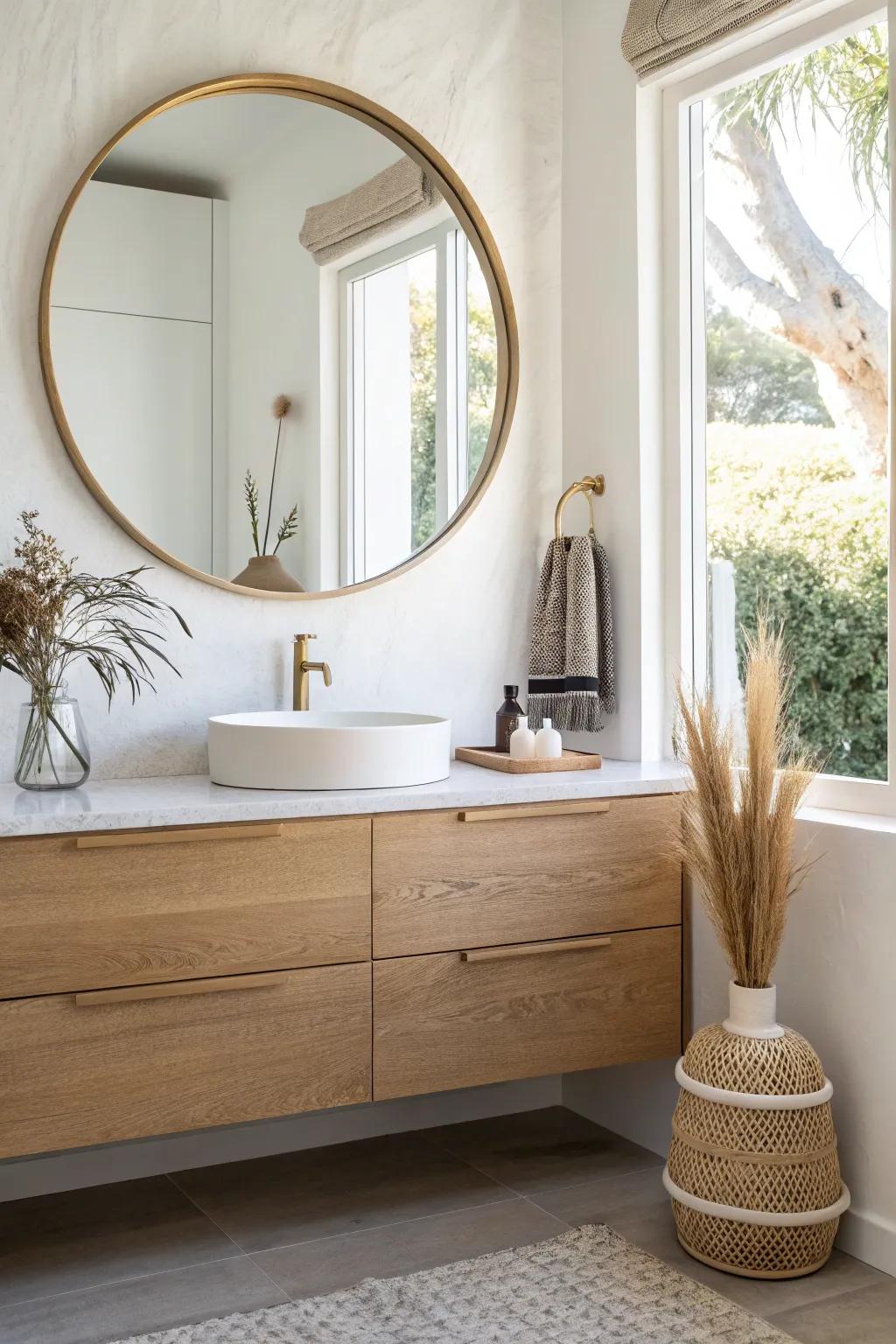 Oversized mirror + light oak vanity: a simple trick that makes small bathrooms feel airy.
