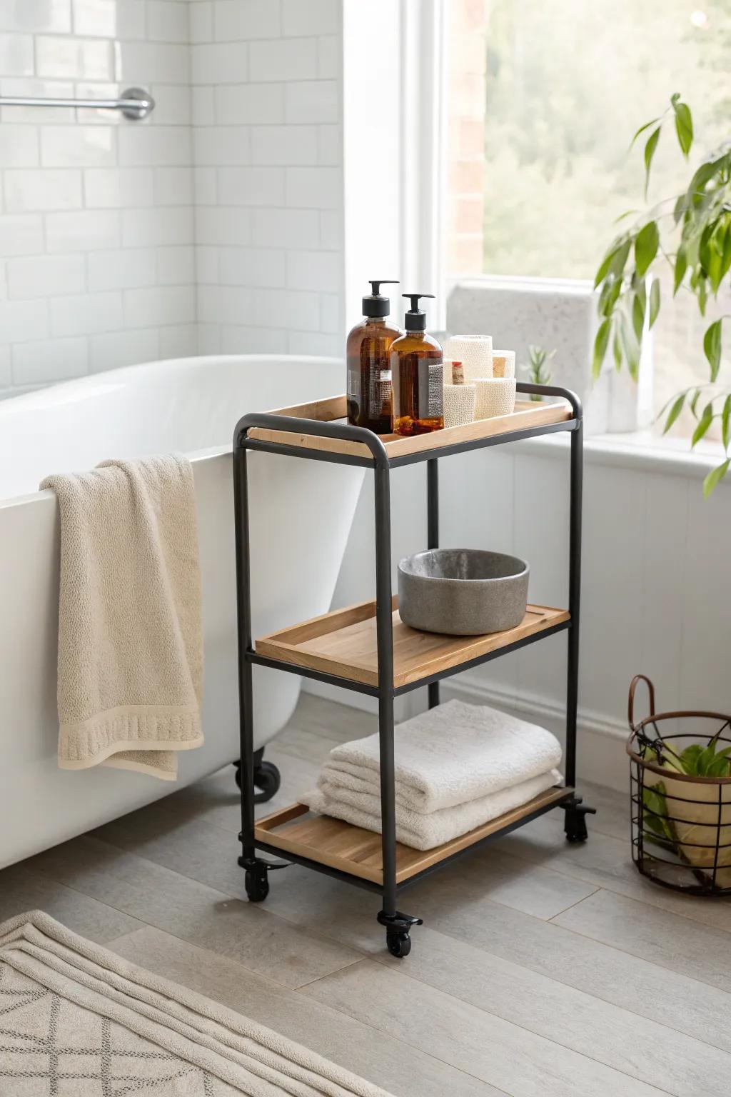 Rolling oak-topped tub cart with a lip edge—space-saving, stylish, and easy to glide away.