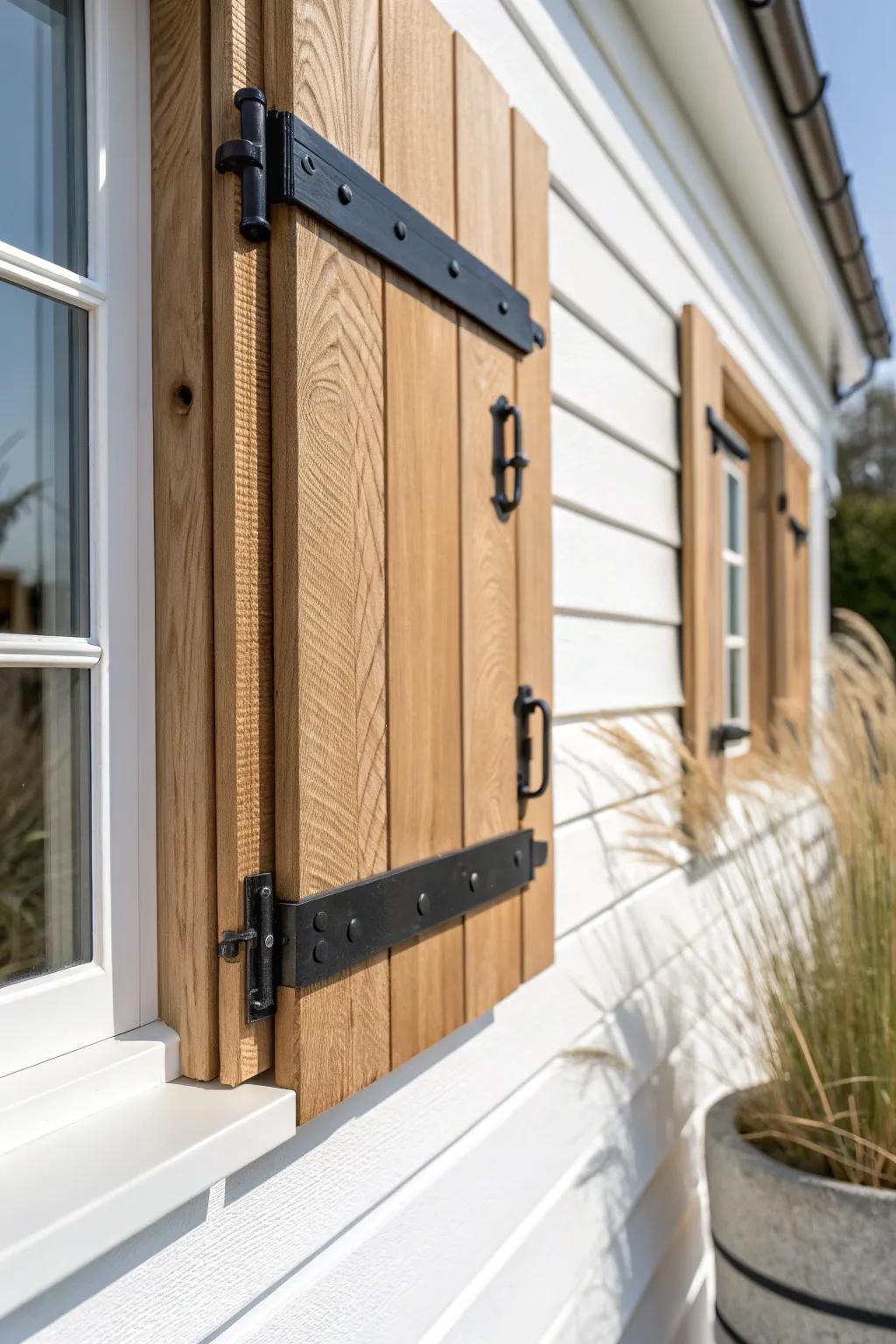 Real hinged, operable bay window shutters—warm wood grain, clean lines, timeless charm.