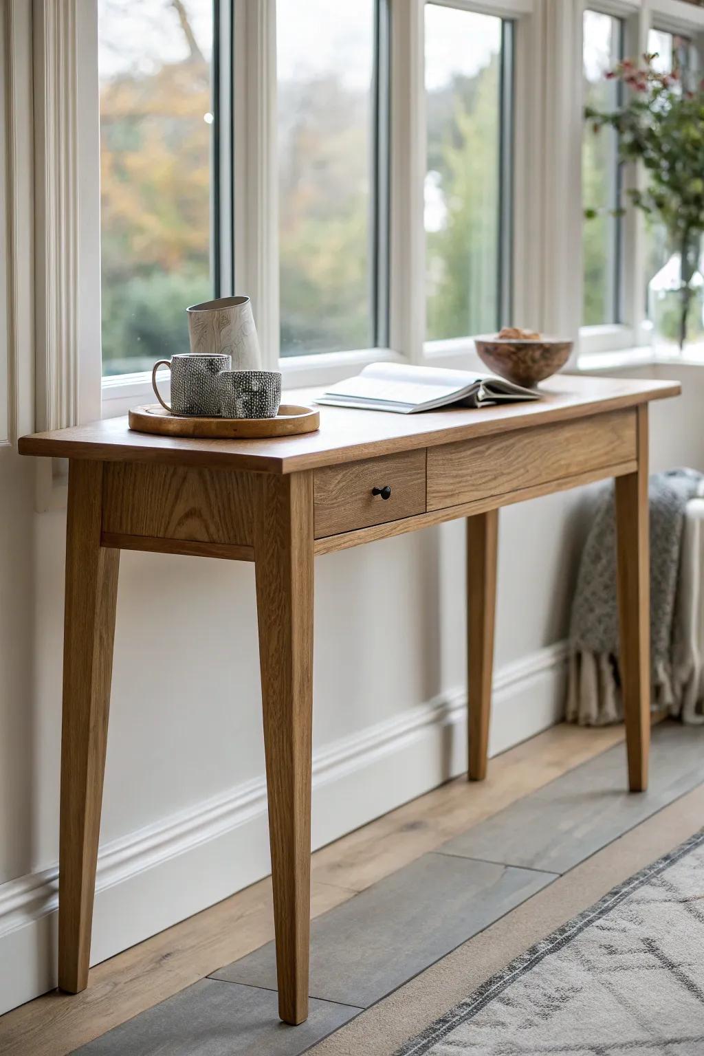 A slim oak console table tucked to the bay window—perfect for a bright morning tea perch.