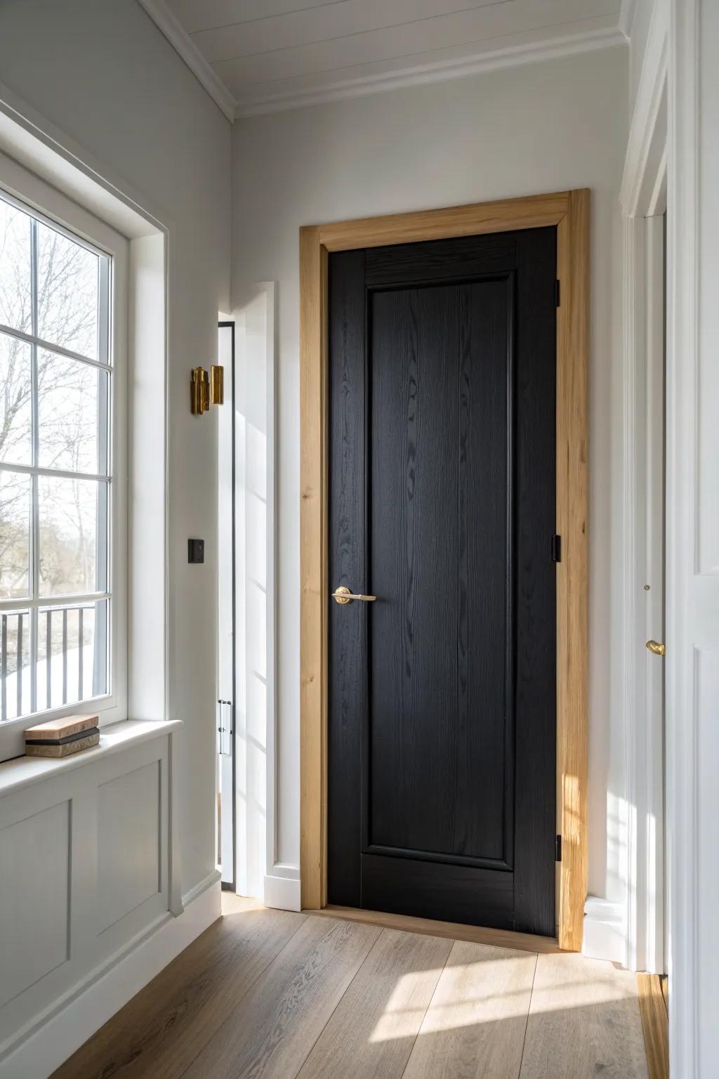 Matte black interior door with light trim—minimal, bold contrast and a custom-crafted look.