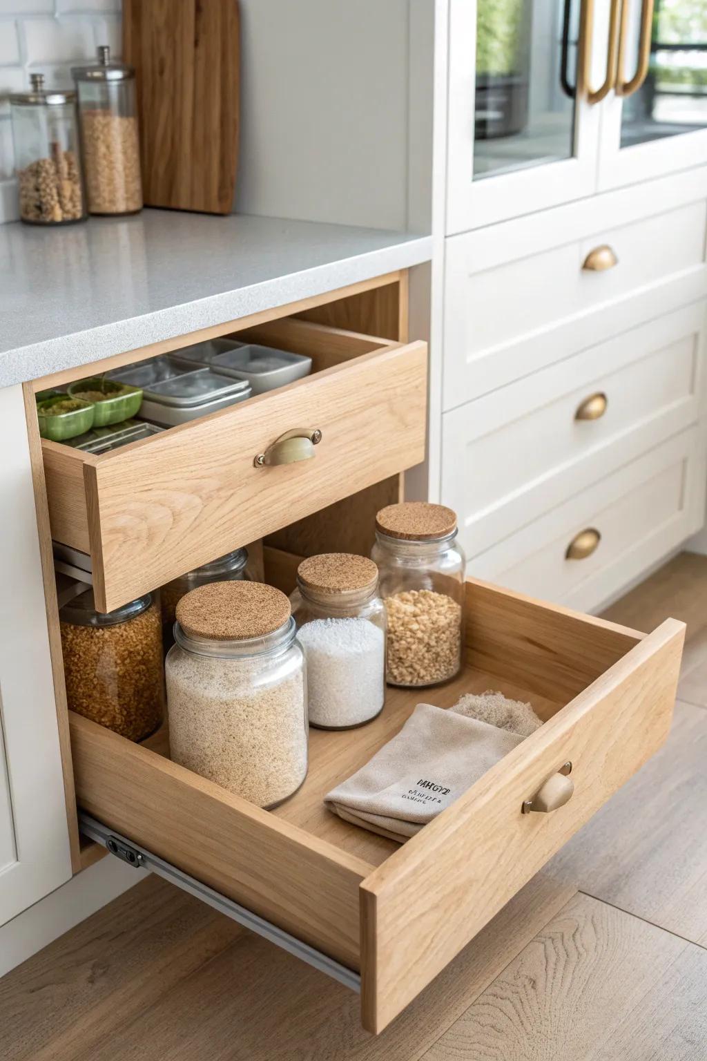 Pull-out pantry drawers keep backstock visible—no more forgotten rice at the back.