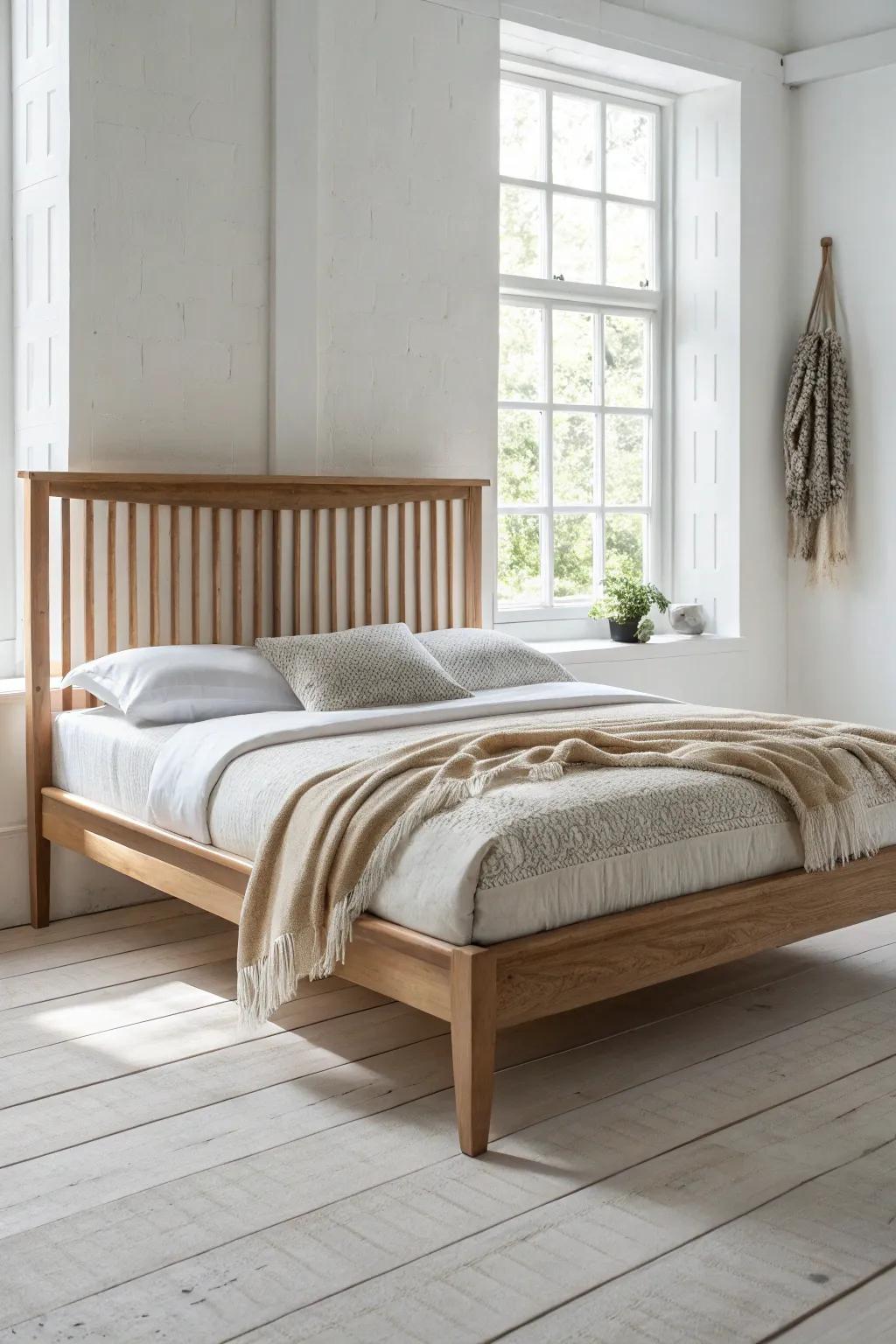 Vertical slat headboard magic: clean lines, warm oak, and shadow play in natural light.