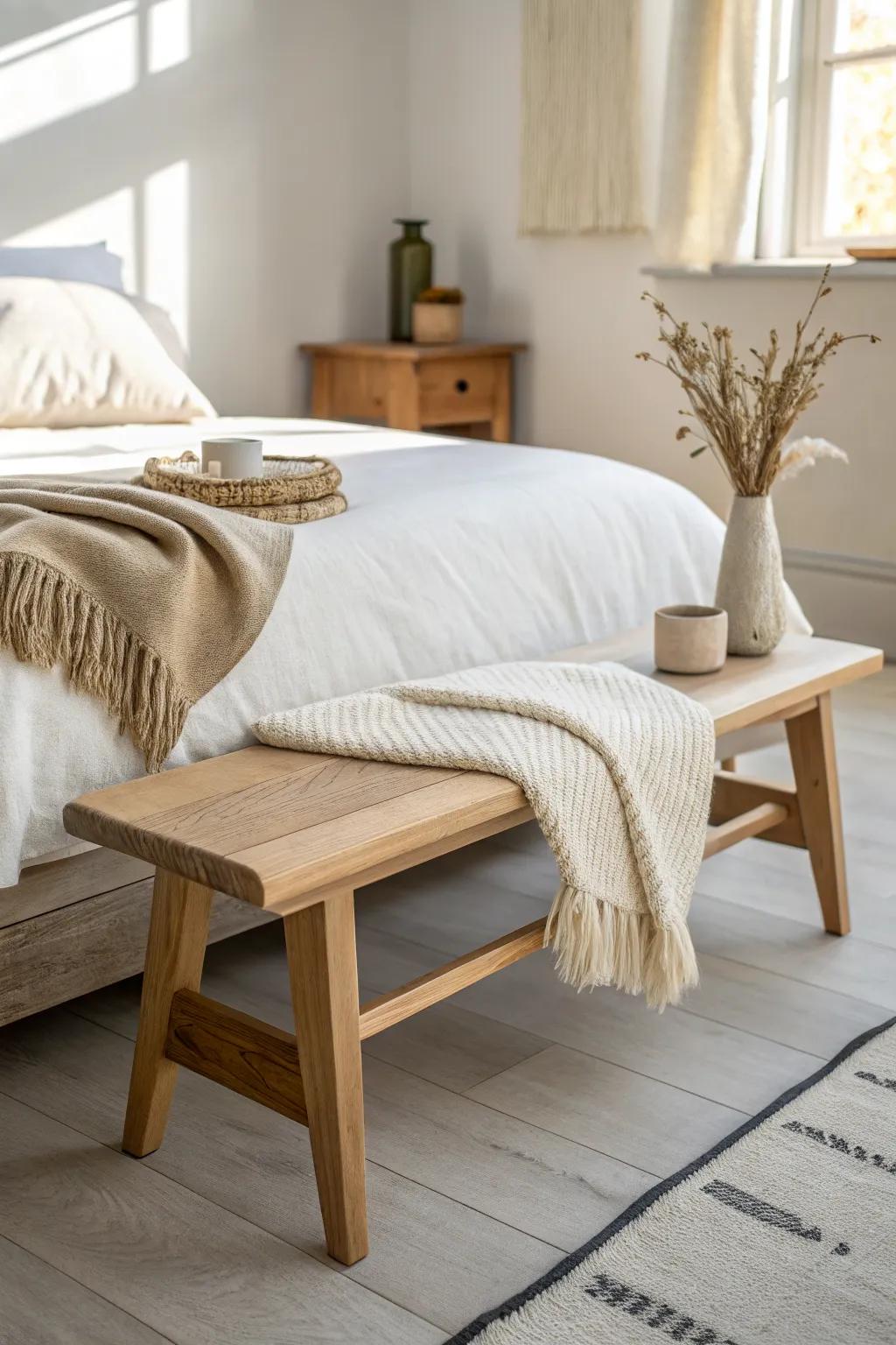 A chunky knit throw casually draped over a light oak bench for effortless bedroom warmth.