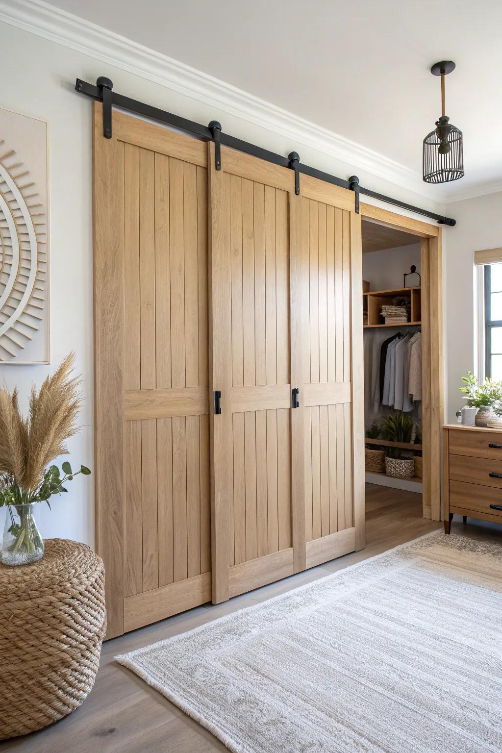 Double barn doors add balanced, bold style to wide closets—clean lines, warm wood, simple hardware.