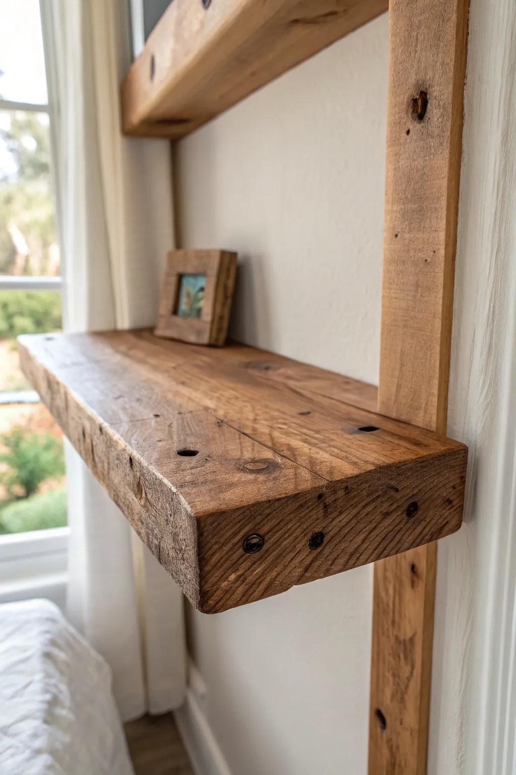 Chunky reclaimed plank corner shelf—deep stain, bold grain, cozy farmhouse warmth.