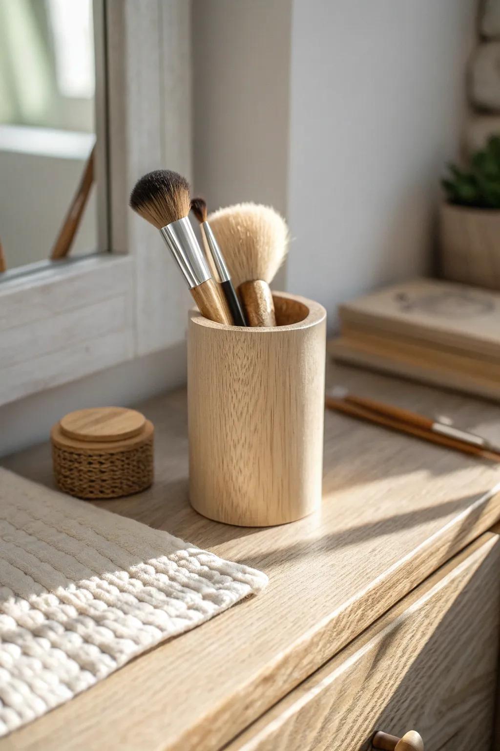 Stand brushes upright in one chic wooden cup for a cleaner, easier-to-wipe dresser top.