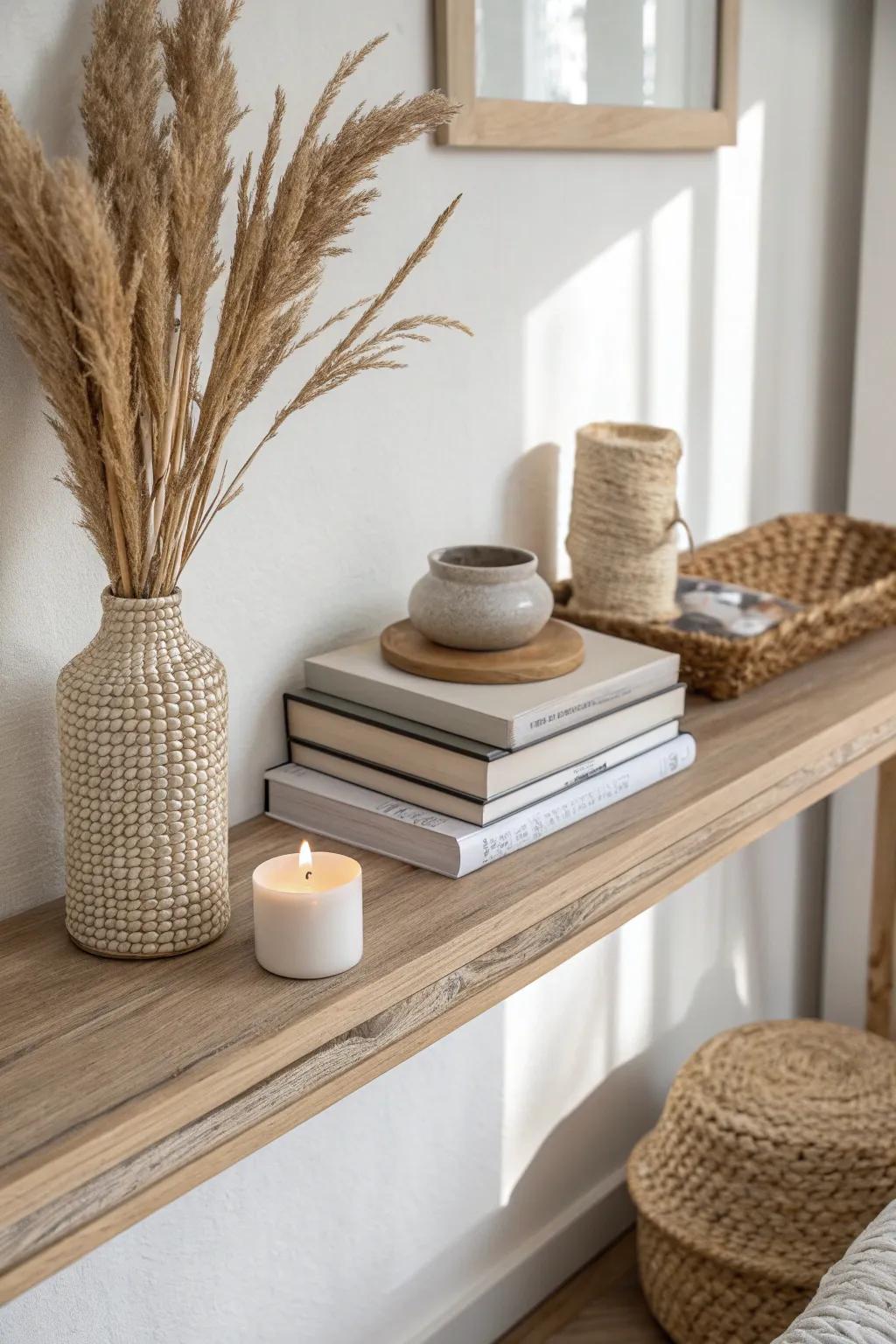 Use stacked books as risers to add height on your bedroom ledge—simple, calm, and curated.