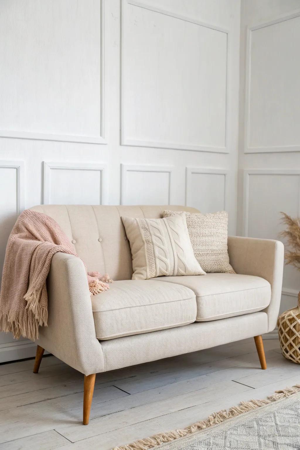 A petite loveseat with oak legs turns a blank bedroom wall into a calm reading nook.
