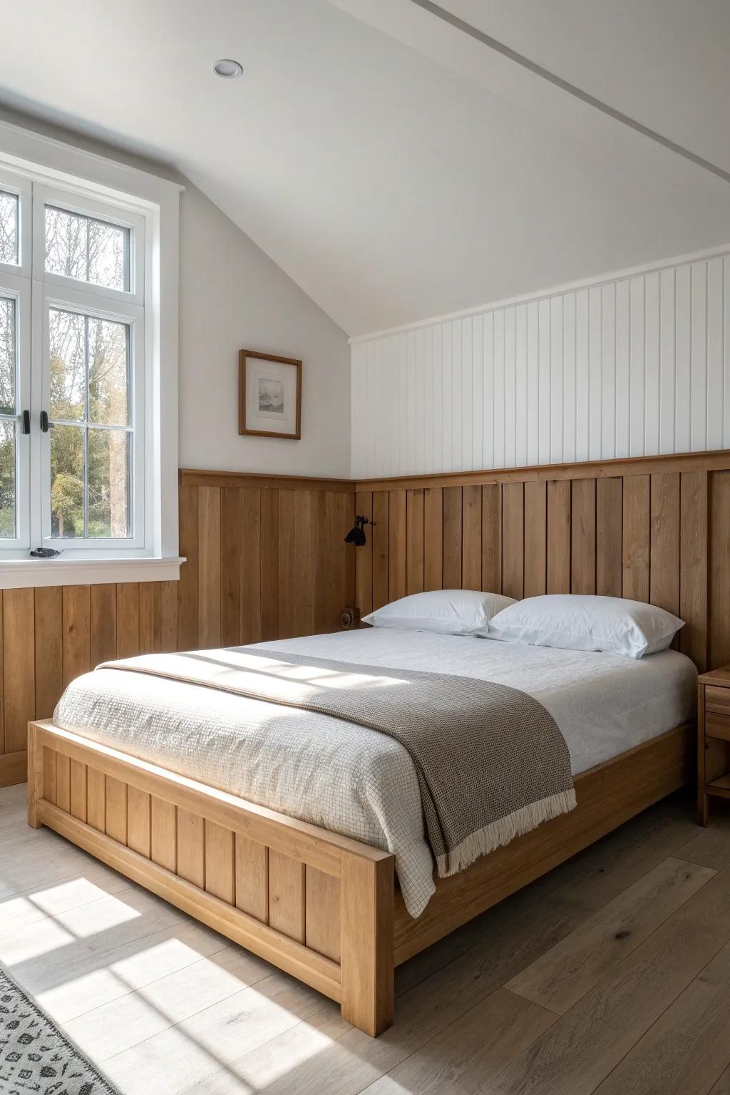 Two-tone wood paneling adds structure behind the bed—warm oak below, airy light above.