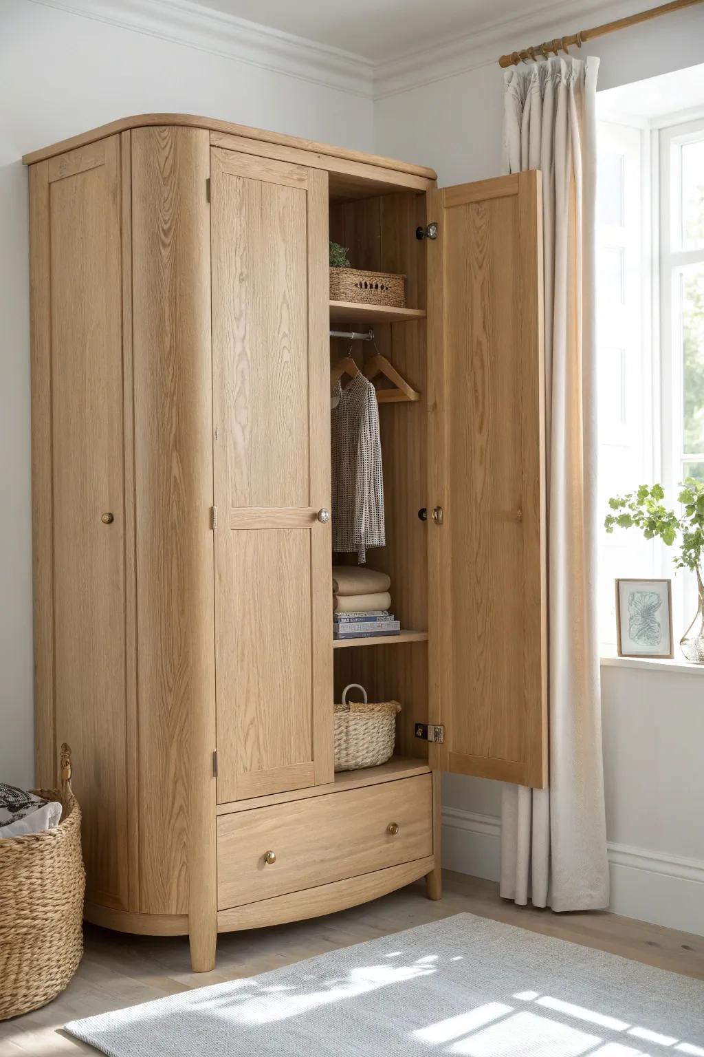 Turn dead corner space into beautiful storage with a light oak angled corner wardrobe.
