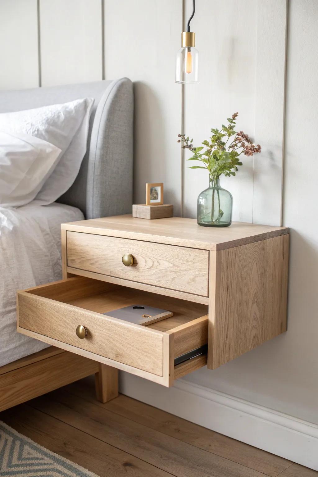 A floating oak bedside shelf with a tiny drawer—hide essentials and keep your nightstand serene.