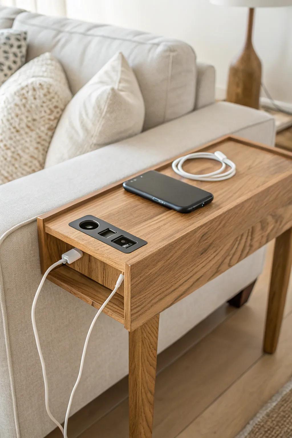 A sleek behind-couch sofa table with a discreet cord pass-through for tidy everyday charging.