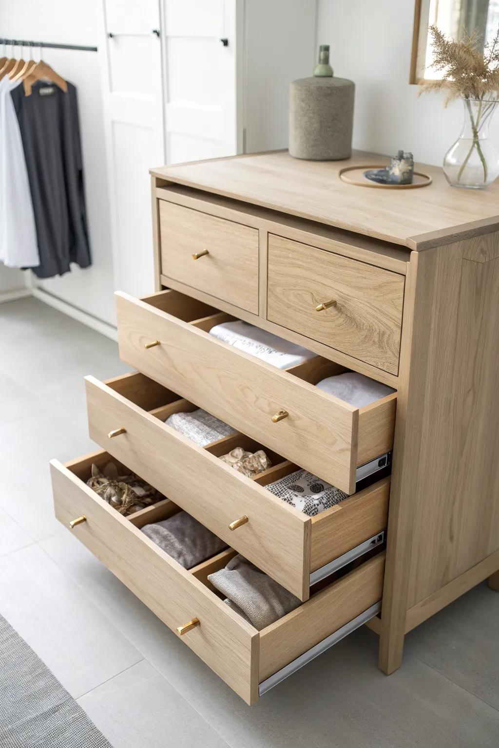 Tame the tiny stuff with a sleek oak drawer stack—made for a calm, clutter-free bifold closet.