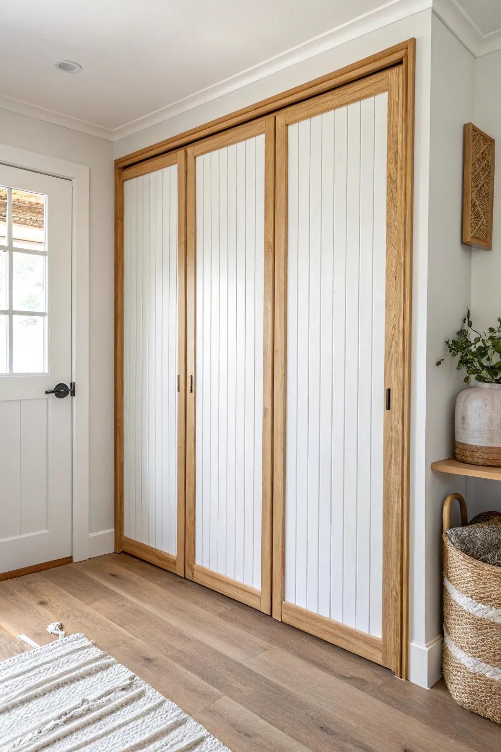 Shiplap-skinned bifold doors add cozy texture and make a laundry closet feel built-in.