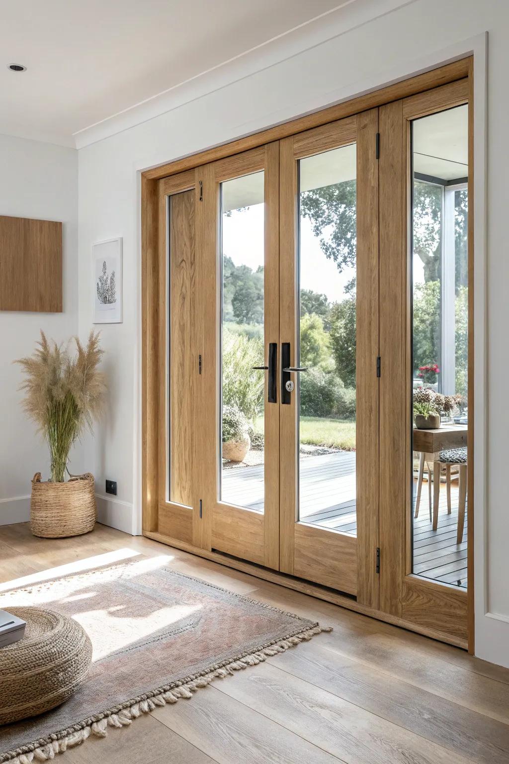 Extra-tall French patio doors in natural oak—bright, airy, and beautifully crafted.
