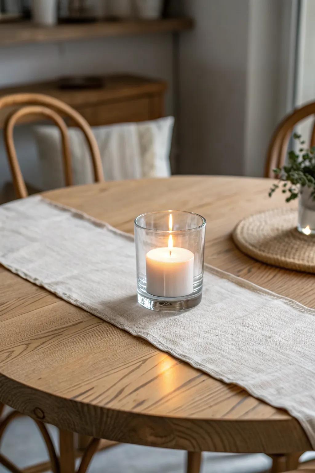 Cozy bistro glow: a single clear glass candle holder for calm, Scandinavian evening vibes.