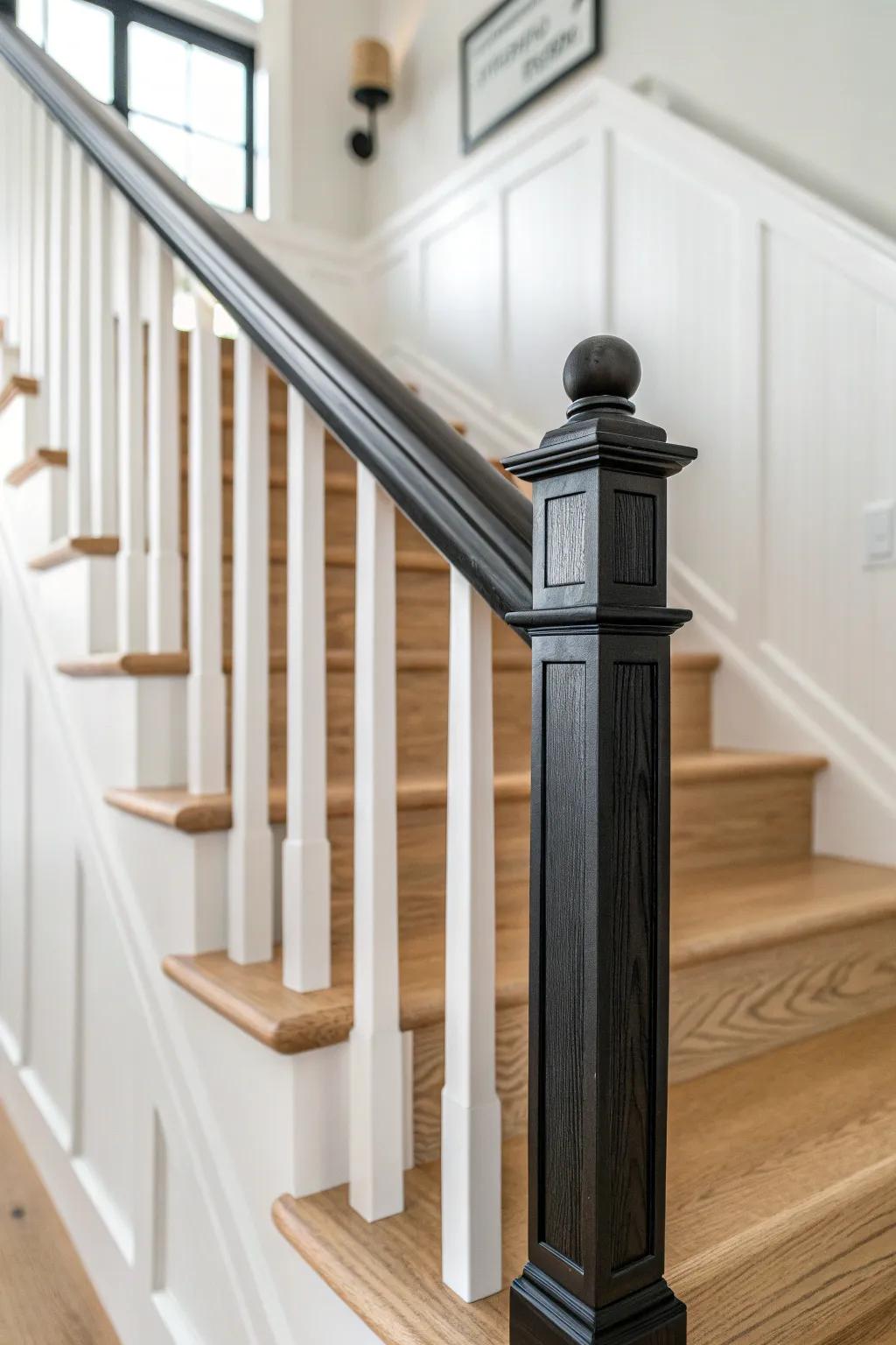 Matte black banister pops against crisp white paneling for an instant stairway upgrade.