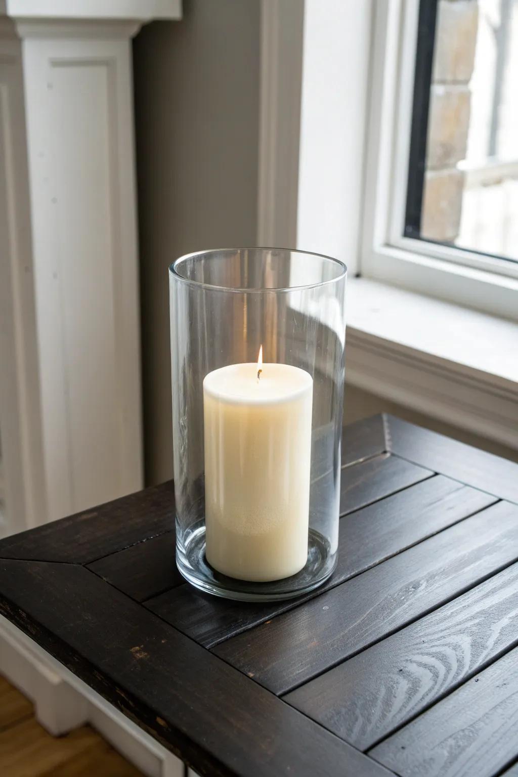 Clear glass pillar candle adds cozy glow to a matte black coffee table—airy, minimal, chic.