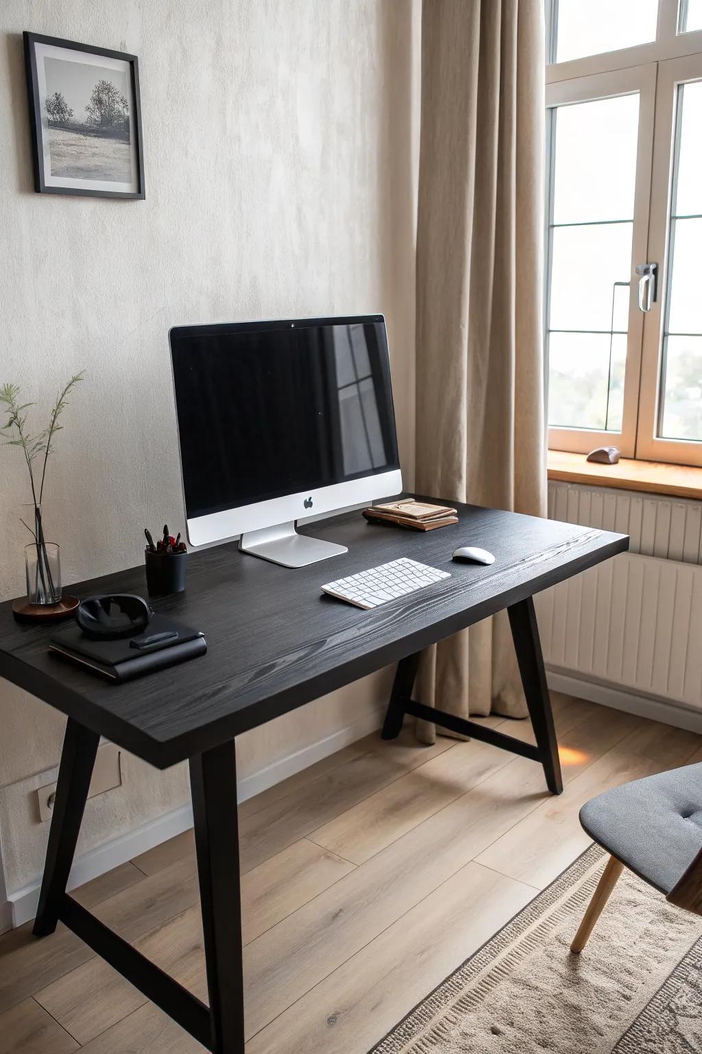One ultrawide screen + a matte black desk—bold, calm, and beautifully uncluttered.