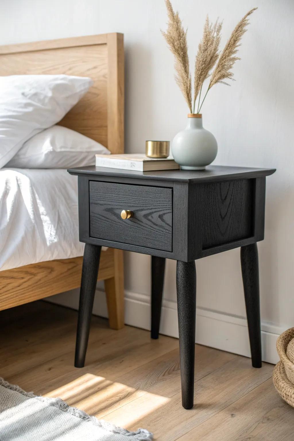Matte black nightstand: the simplest way to frame the bed and make white bedding pop.
