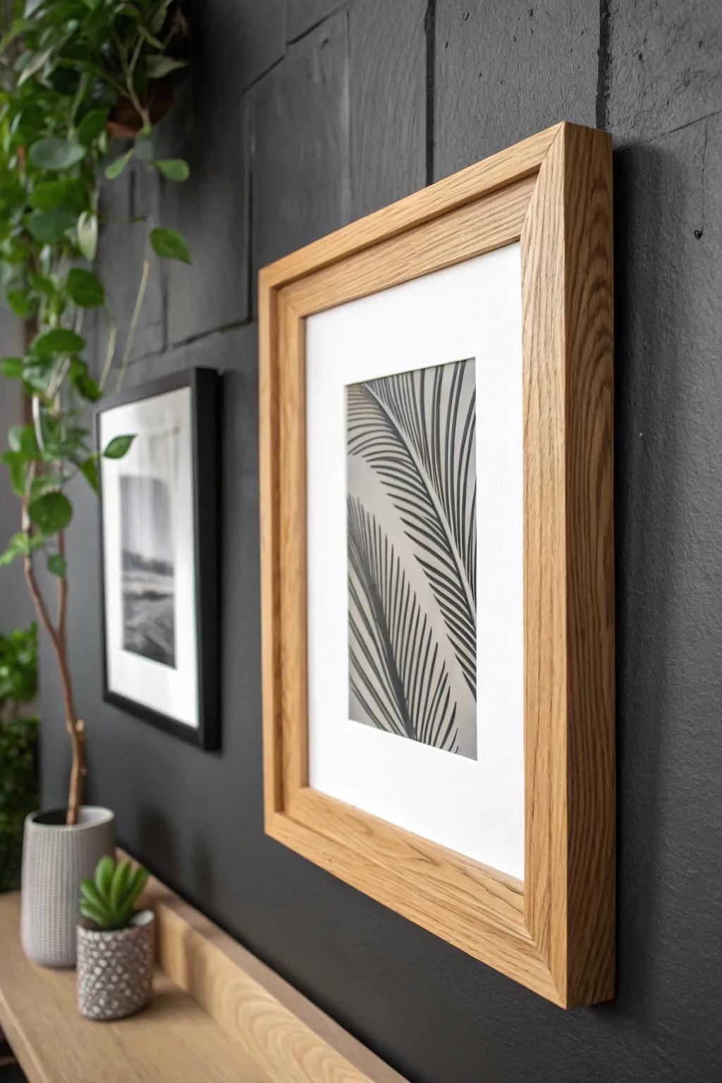 Wide white mat + black-and-white art in a handcrafted oak frame for chic contrast on dark walls.