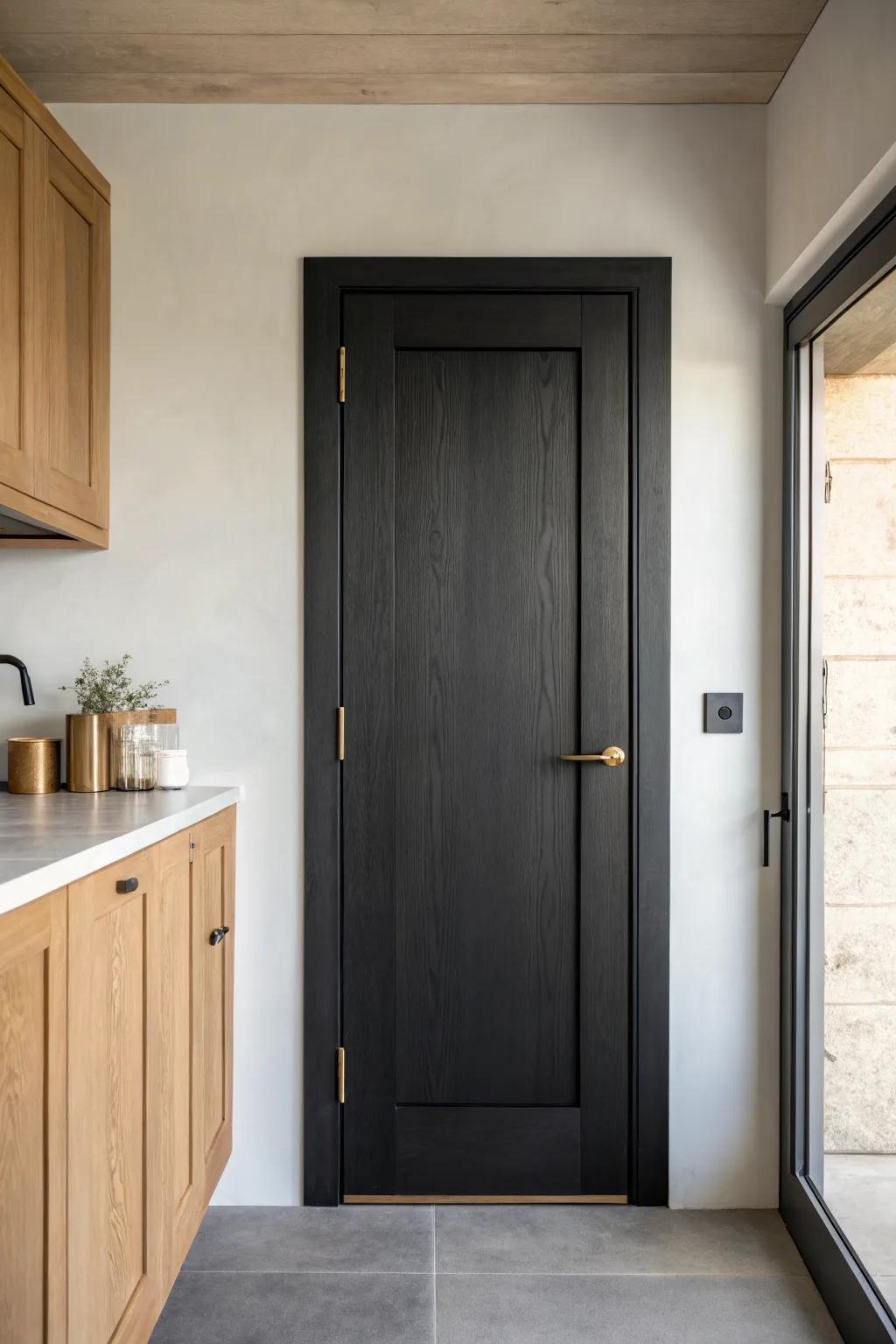 Matte black pantry door with a warm brass pull—minimal, cozy, and instantly elevated.