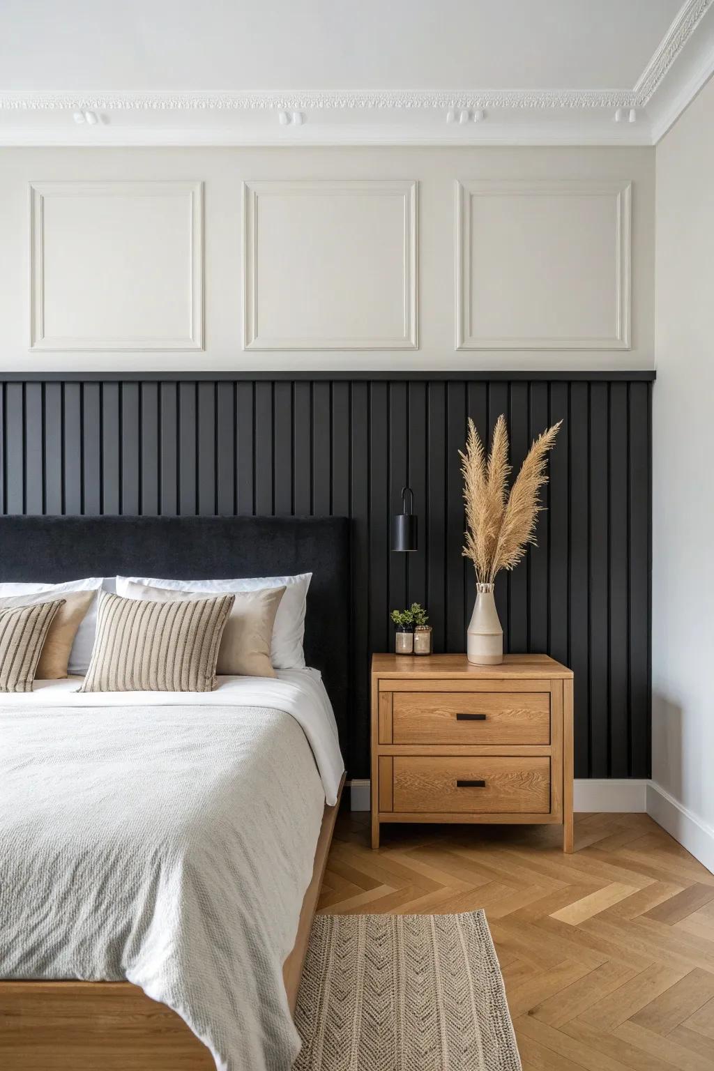 Matte black paneled “headboard” wall for a boutique-hotel vibe—warm, minimal, and bold.