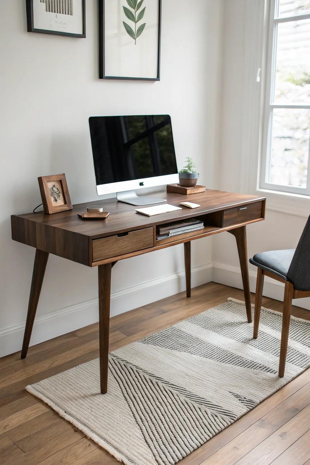 Clean-line black walnut desk—floating look, warm grain, and minimalist Scandinavian calm.