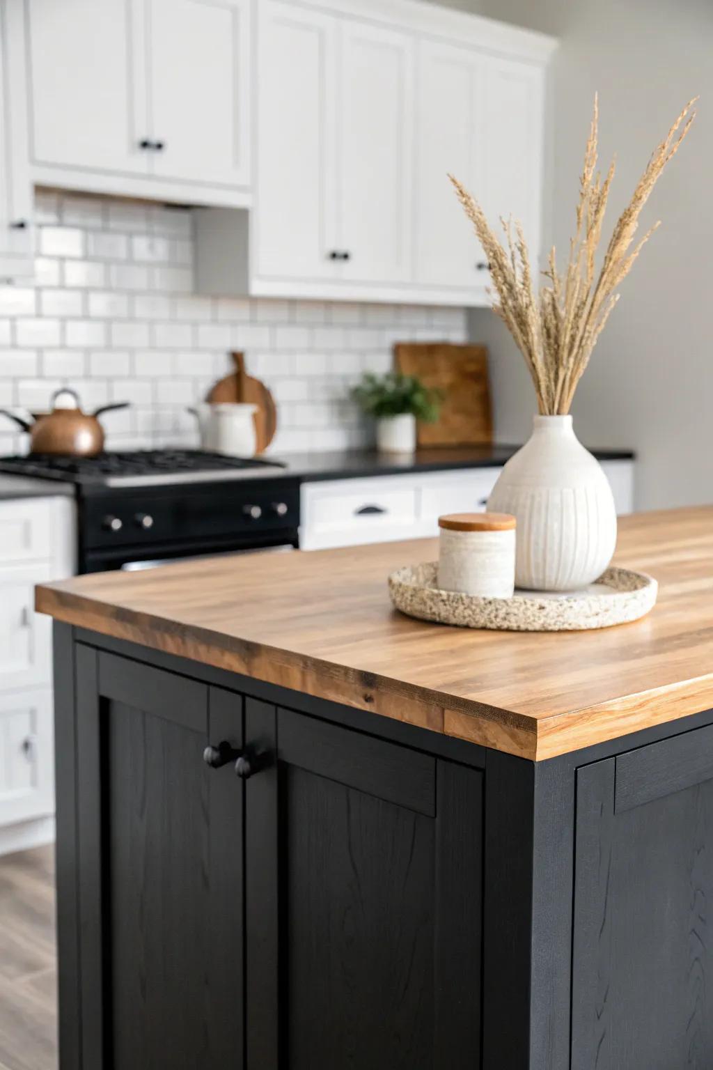 Two-tone drama, airy and bright: white uppers, black lowers, and warm wood to unite it all.