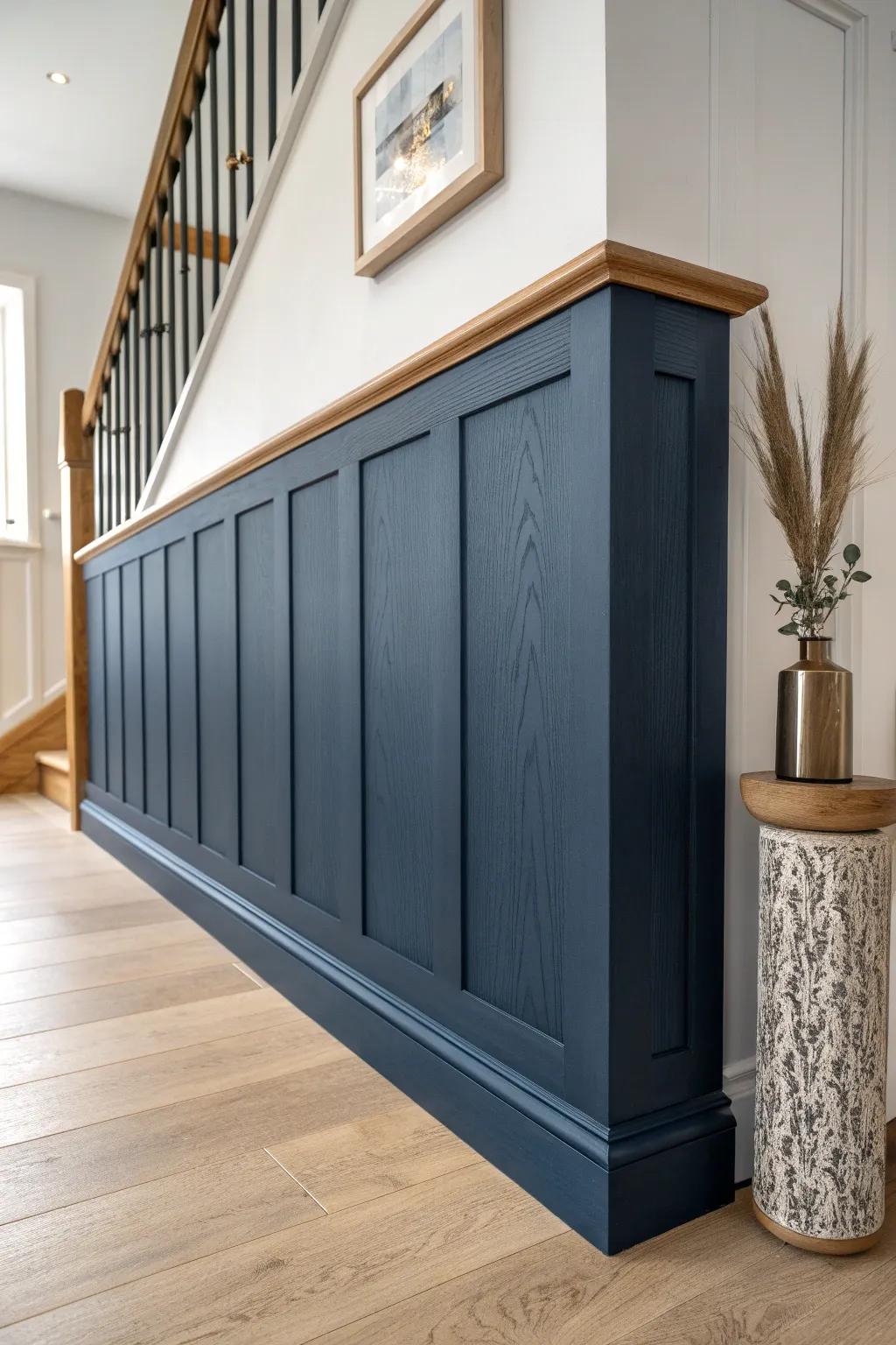 Deep navy entryway wainscoting with a chunky oak cap for instant historic drama.