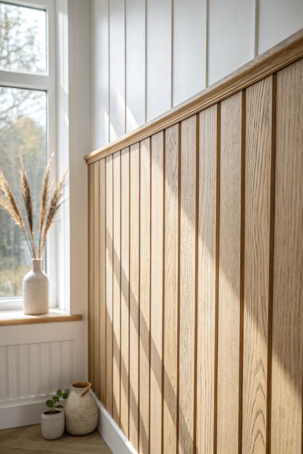 Thin oak battens add elegant texture to small bathrooms—airy, minimal, and space-friendly.