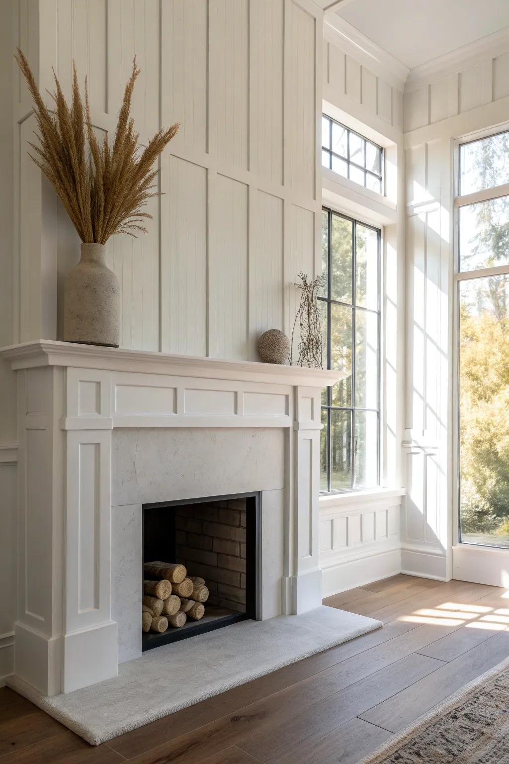 All-white board-and-batten fireplace wall with crisp texture and a beefy mantel for depth.