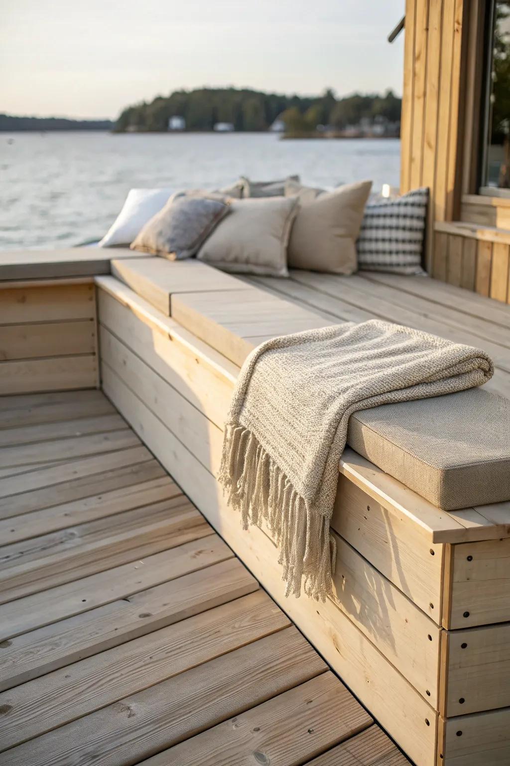 A wraparound deck corner that invites slow evenings—crafted wood, soft linens, lakefront calm.