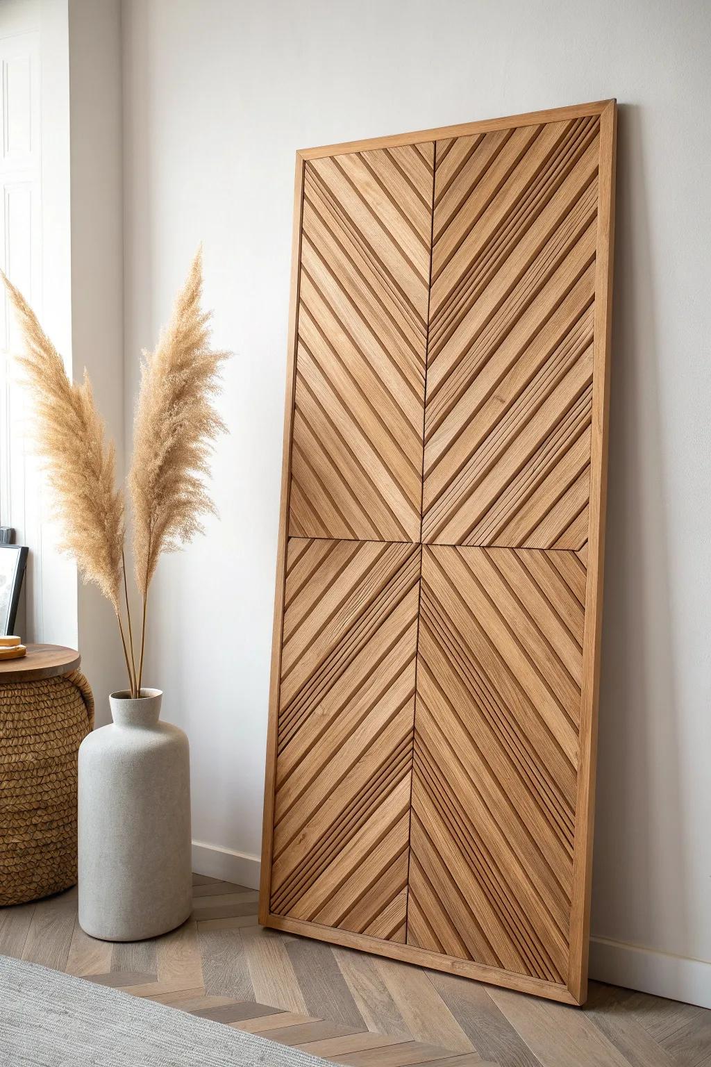 Diagonal oak slat geometry adds boho edge—simple strips, luxe shadows, bold statement.