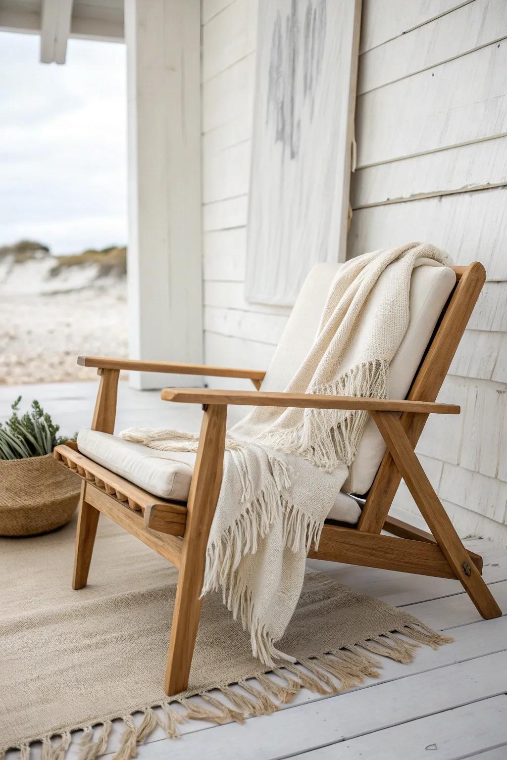 Off-white linen softens warm wood—an effortless boho beach touch for bright, airy rooms.
