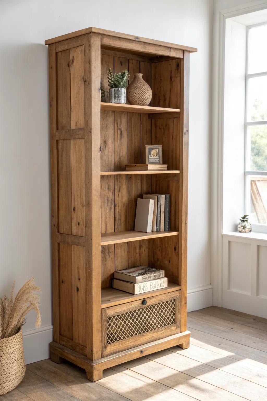 Rustic reclaimed wood bookcase with matte finish—warm grain, knots, and boho calm.