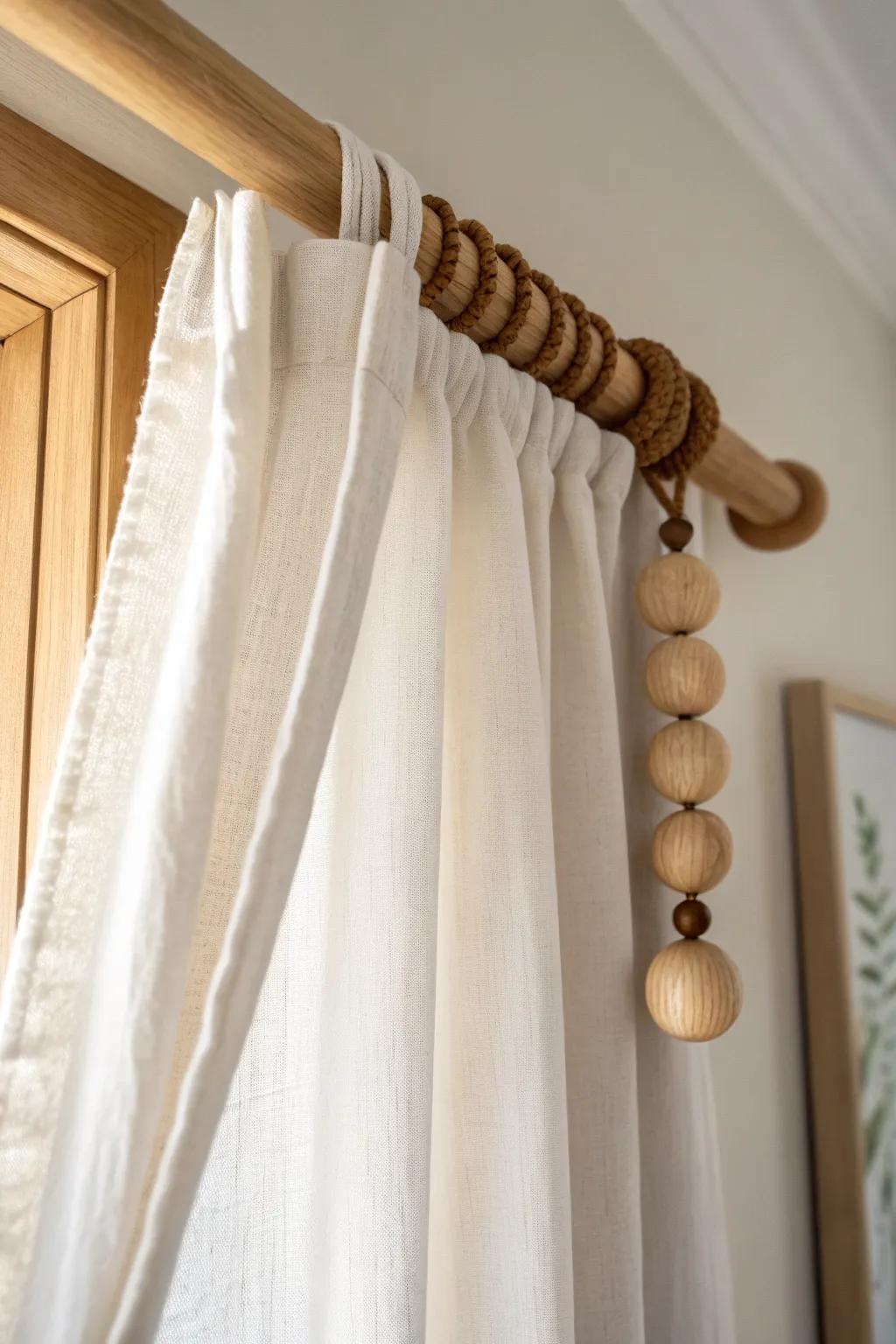 Oversized wooden beads on a simple wood rod add effortless boho charm in minutes.