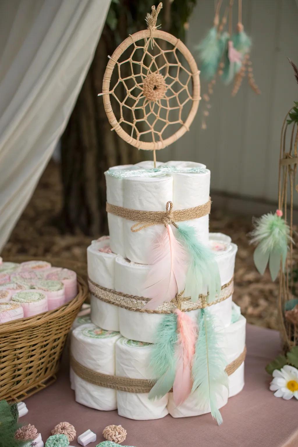 Dreamcatcher Delight: A Boho-inspired diaper cake that whispers sweet dreams and serene nights.
