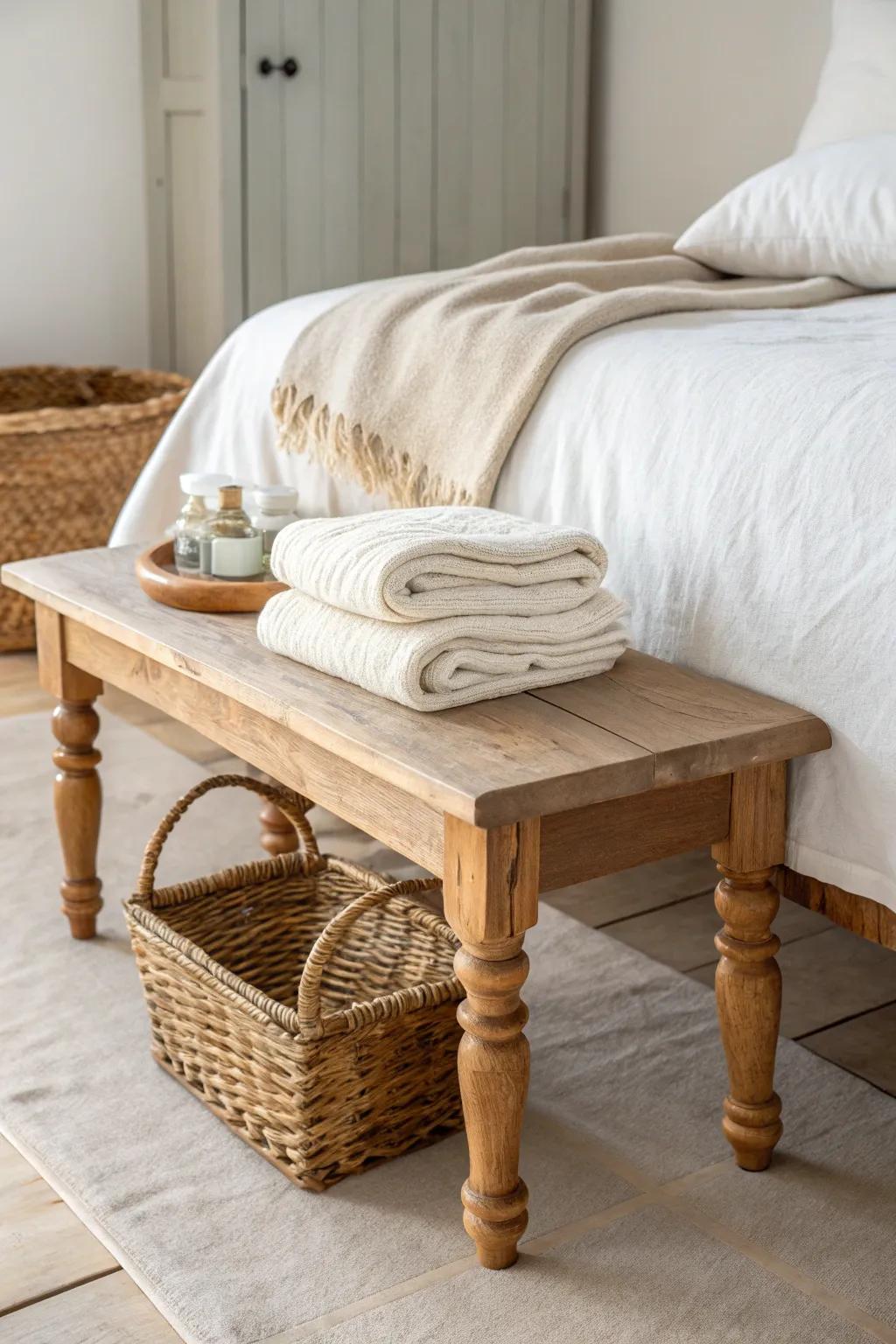 Chunky oak bench with a cozy knit + hidden basket storage—simple boho farmhouse perfection.