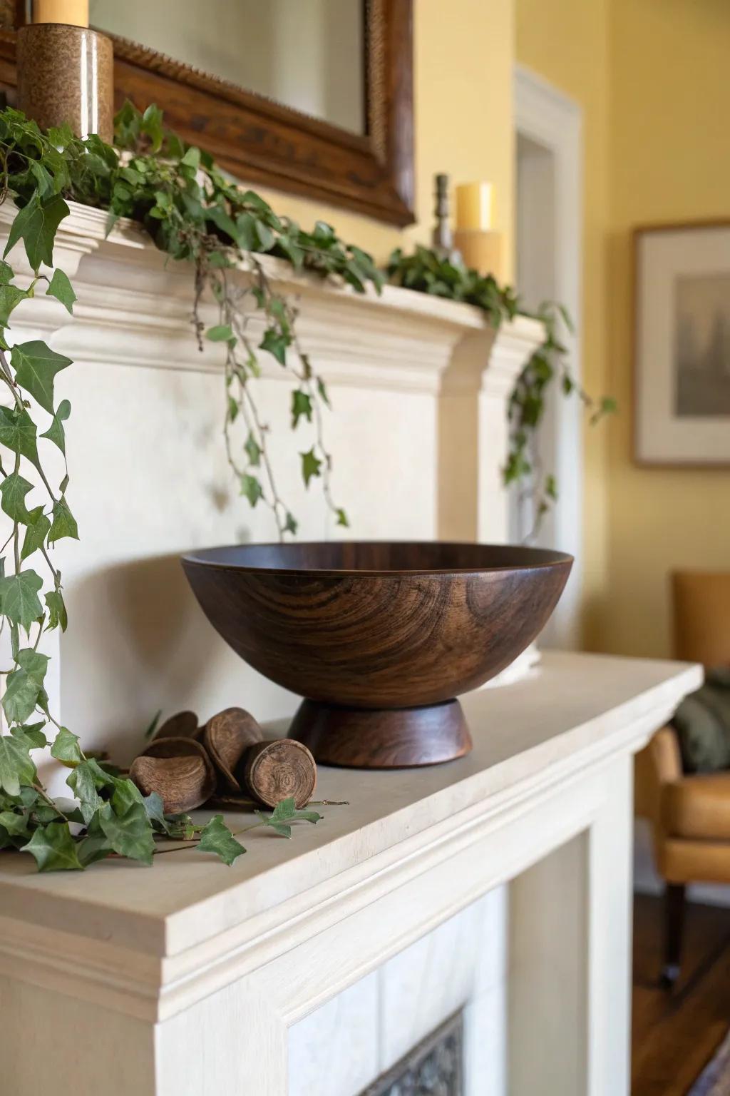 Let trailing greenery soften the mantel—anchored by one bold, handcrafted walnut statement piece.