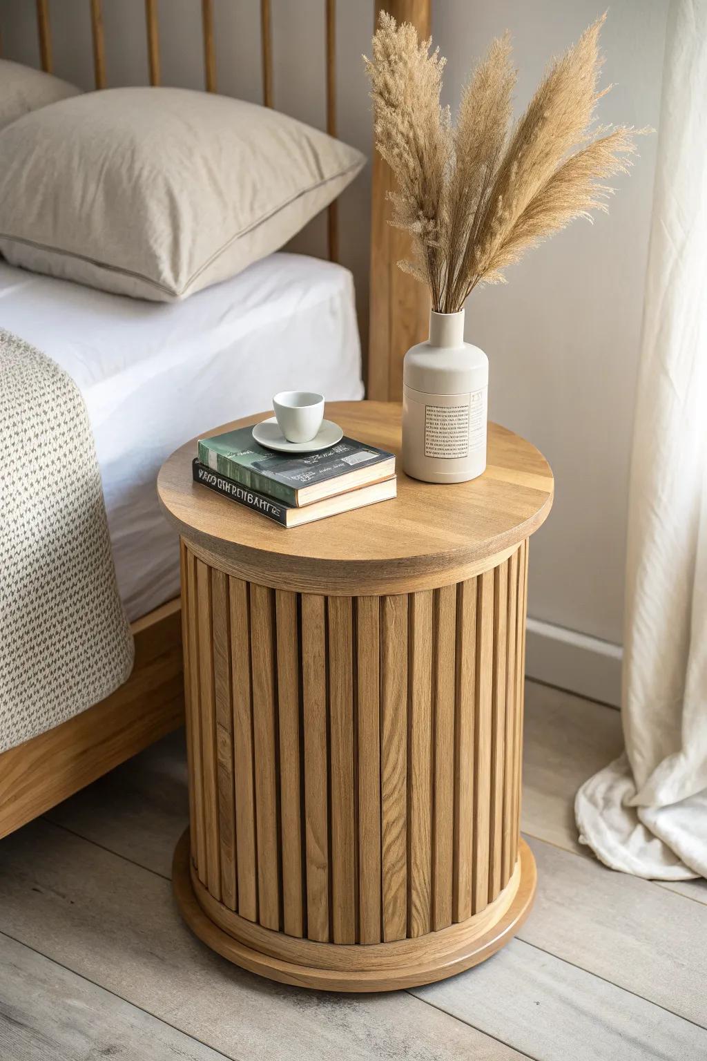 Round drum nightstand in light oak—spa-calm curves with books and dried grasses.