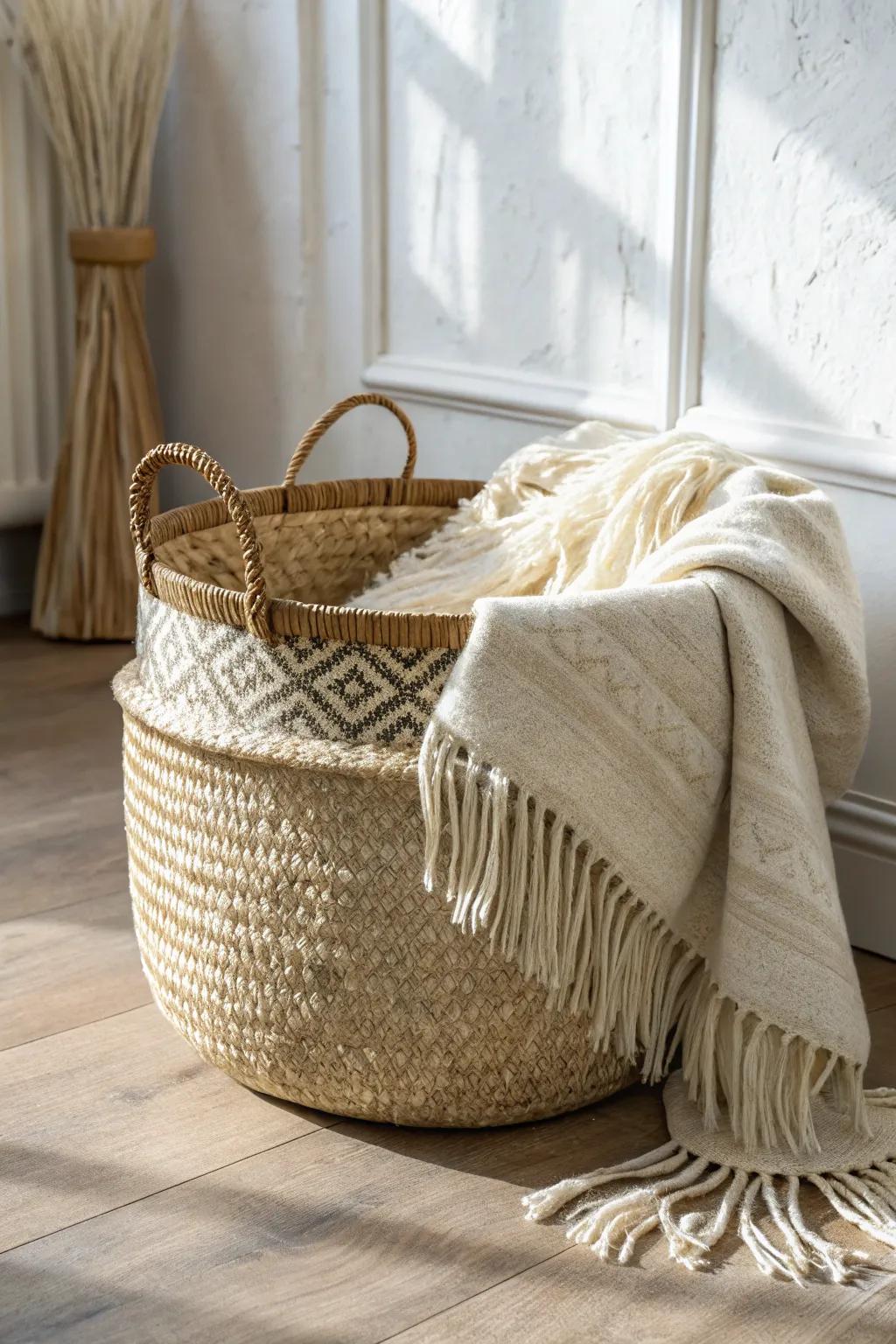 A woven basket + chunky knit throw: the prettiest way to hide blankets and keep boho tidy.